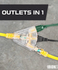 Beefy Heavy Duty 50Ft 10 Gauge Outdoor Lighted Extension Cord With 3 Outlets 15 Amp SJTW Yellow Weather Resistant Copper Wire