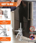 Heavy Duty Stainless Steel Arm Jacks, Set Of Two in use lifting a refrigerator with an ergonomic handle for easy operation.