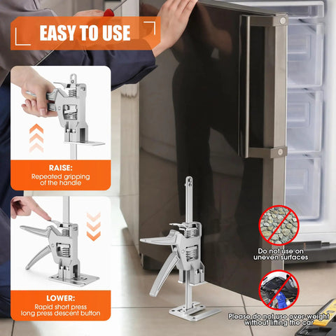 Heavy Duty Stainless Steel Arm Jacks, Set Of Two in use lifting a refrigerator with an ergonomic handle for easy operation.