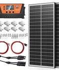 All-In-One 200W Bifacial Solar Panel Kit With 10A PWM Charge Controller, cables, connectors, and mounting brackets for off-grid use