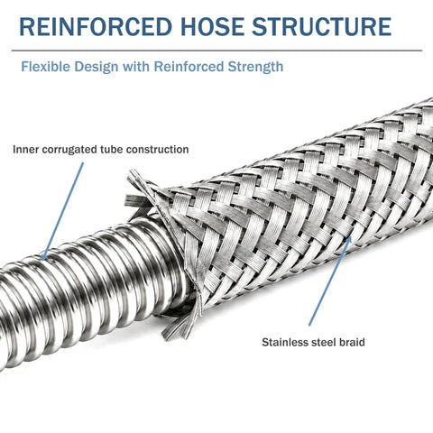 Close-up of Top Shelf Heavy Duty 1/4 In X 40 In Stainless Steel Air Compressor Jumper Hose with reinforced braided structure.