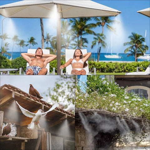 Upgraded Misting System With Water Filter For Outdoor Cooling, 65 Ft Line And 15 Brass Mist Nozzles, cooling beachside patio.