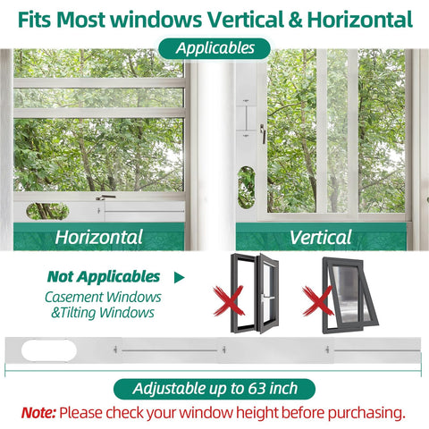 Portable Air Conditioner Window Kit With Universal Seal For Sliding Or Vertical Windows Easy Install Includes 5.9 Inch Exhaust Hose And Adapter Sealing Tape Window Seal Plates Screws And More For A Tight Leak Free Fit, showing compatibility with vertical and horizontal windows.