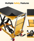 CAMMOO foldable hydraulic lift table cart with yellow frame and black non-slip pad; front view.