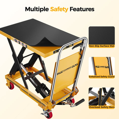 CAMMOO foldable hydraulic lift table cart with yellow frame and black non-slip pad; front view.