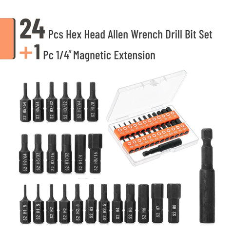 Hex Head Allen Wrench Drill Bit Set 25 Piece Kit S2 Steel Magnetic Bits With Quarter Inch Hex Shank Metric And SAE Sizes