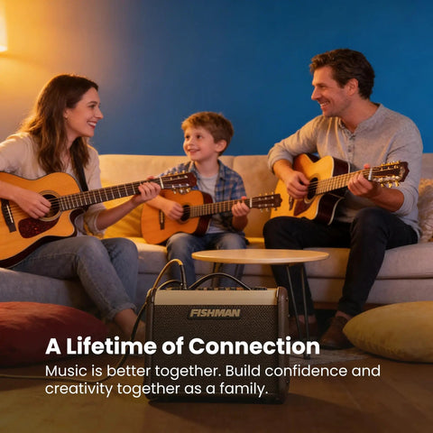 Family playing guitars with Loudbox Micro 40 Watt Acoustic Guitar Combo Amplifier Bundle in living room setting