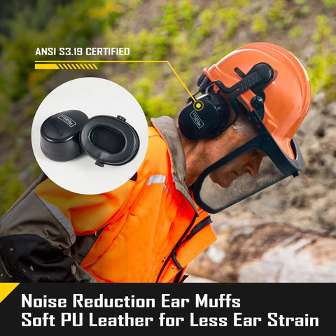 3 In 1 Chainsaw Helmet With Metal Mesh Face Shield And Adjustable Earmuffs For Hearing Protection, worn by forester.