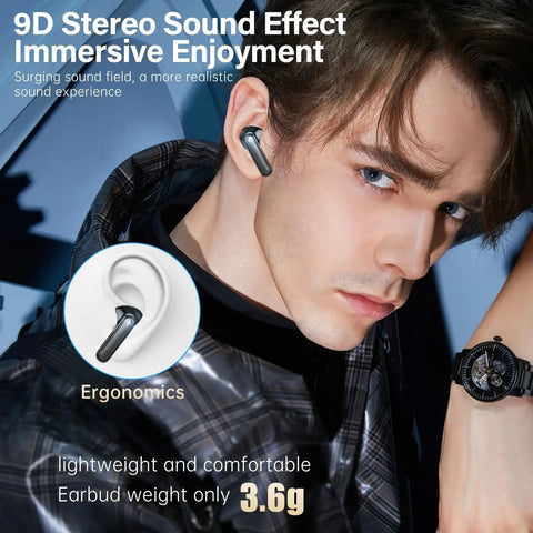Model wearing Wireless Earbuds With LED Power Display And 50 Hour Playtime Bluetooth 5.3 HiFi Stereo Earphones ENC Noise Cancellation IPX7 Waterproof.