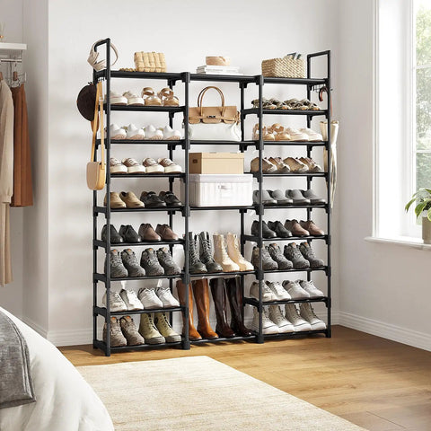 9 Tier Large Shoe Rack Organizer For Closet Holds 50 To 55 Pairs A Beast Of A Space Saver Sturdy Stackable Shoe Tower With Metal Pipes And Plastic Connectors In Black For Easy Access in a bright room corner with shoes displayed neatly.