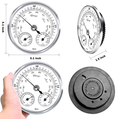 Outdoor Barometer Thermometer Hygrometer 5 Inch Weather Station For Home Wall Office Boat Baby Room Indoor Outdoor Weather Monitor All In One Must Have Easy Mount with front and side view, showing dimensions and back mount.
