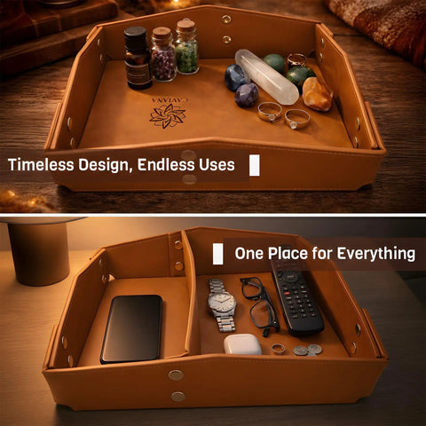 EDC Valet Tray Organizer In Saddle Tan With PU Leather Removable Divider showcasing jewelry and essentials on nightstand