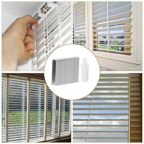 Hella Durable White Stainless Steel Shutter Pins Paired With A Dead Simple Louver Repair Kit used on window blinds in a home.