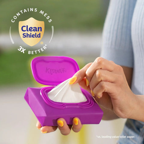 Person pulling a tissue from Snap And Go Ultra Soft Facial Tissues Travel Size Four On The Go Packs With Twenty Five Tissues Per Pack Three Ply Keeps Tissues Clean And Ready For Anywhere Packaging May Vary