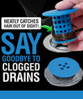 In-Drain Bathtub Hair Catcher and Clog Blocker holding hair, blue silicone design, fits 1.4 to 1.75 inch tub openings.
