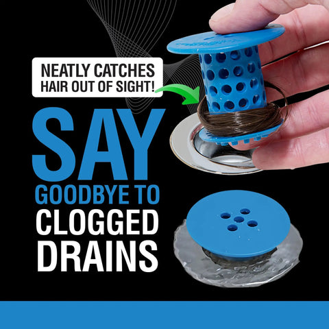 In-Drain Bathtub Hair Catcher and Clog Blocker holding hair, blue silicone design, fits 1.4 to 1.75 inch tub openings.