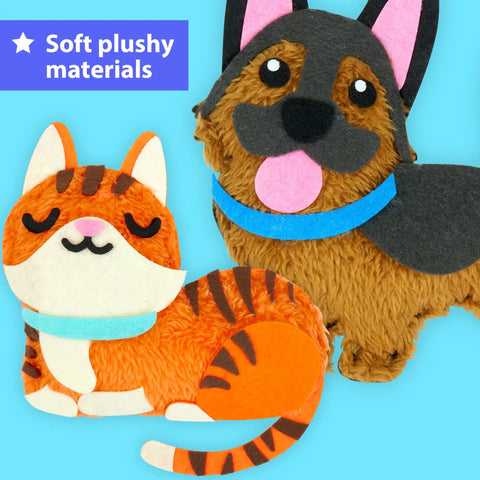 Easy Peasy Beginner Sewing Kit For Kids With 8 DIY Plush Toy Projects Puppies Kittens Dogs And Cats Includes Felt And Simple Step By Step Instructions A Fun All In One Craft Gift For Boys And Girls showing felt puppy and kitten toys on blue background