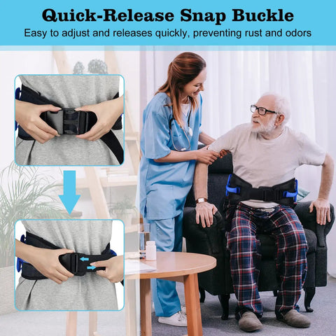Seven Handle Gait Belt With No Slip Transfer Strap Five Point Seven Inch Padding Quick Release Buckle in use by caregiver