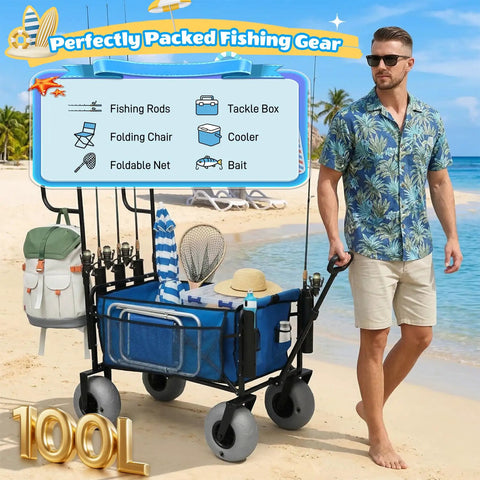 Heavy Duty Beach Fishing Cart For Sand With 9 Inch All Terrain Wheels Foldable Collapsible Wagon With Rod Holders And Side Pockets