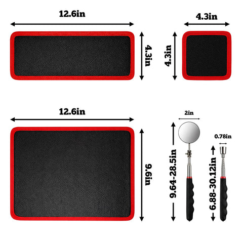 Three Piece Pro Magnetic Tool Mat Set With Pickup Tool Telescoping Magnetic Inspection Mirror Flexible PVC Pad Non Slip Holder And Tray shown with dimensions