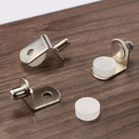 Premium Cabinet Shelf Pegs With Durable Silicone Pads For Wood Glass Metal Adjustable Shelving Hardware Mixed Quarter Inch And Five Millimeter Diameters Quick Easy Install showing metal pegs and silicone pads on wood surface.