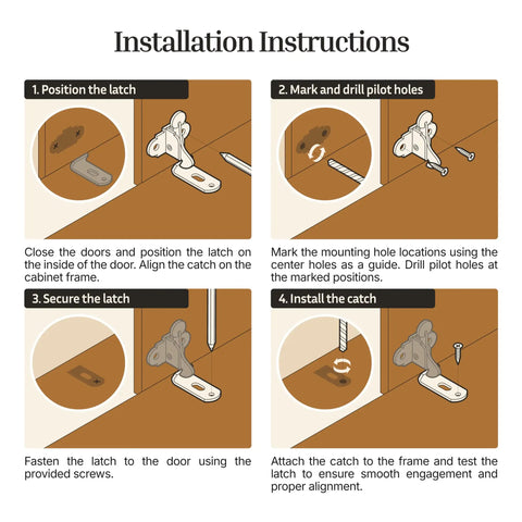 Installation instructions for Top Shelf Nickel Plated Spring Action Elbow Door Catch And Latch for secure cabinet door mounting.