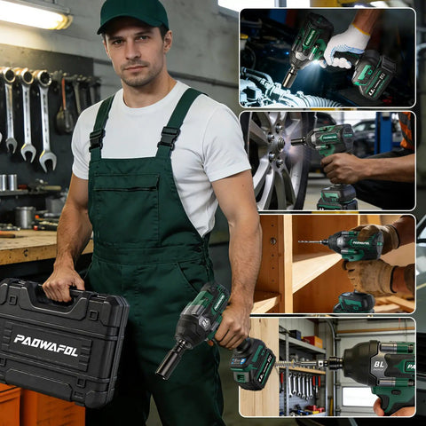 High Torque Cordless Impact Wrench 665 Ft-Lbs 900 Nm With 2200 RPM Brushless Motor Four Speed Modes 21V Dual 4.0Ah Batteries Includes 22 Drill Bits And 4 Sockets Cordless Ratchet Wrench Set Great Gift For Men Car Tire Lug Nut. in a mechanic workshop