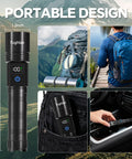 Ultra Bright LED Rechargeable Flashlights Two Pack With LCD Battery Display shown with backpack and in car cup holder.
