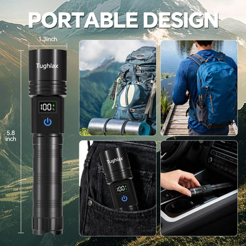Ultra Bright LED Rechargeable Flashlights Two Pack With LCD Battery Display shown with backpack and in car cup holder.