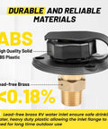 City Water Inlet For RV With Lead Free Brass And Check Valve, Three Quarter Inch NH Female To One Half Inch NPT Male Connection, Water Fill Inlet Flange Replacement For Camper Trailer Motorhome And Marine Use, black ABS cap and brass fitting