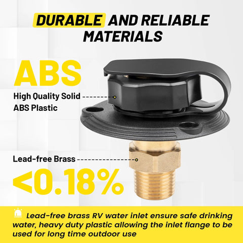City Water Inlet For RV With Lead Free Brass And Check Valve, Three Quarter Inch NH Female To One Half Inch NPT Male Connection, Water Fill Inlet Flange Replacement For Camper Trailer Motorhome And Marine Use, black ABS cap and brass fitting
