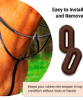 Horse Martingale Stopper Rubber Rein Stopper set shown on horse for running and standing martingales, brown, 1 pair.