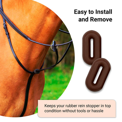 Horse Martingale Stopper Rubber Rein Stopper set shown on horse for running and standing martingales, brown, 1 pair.