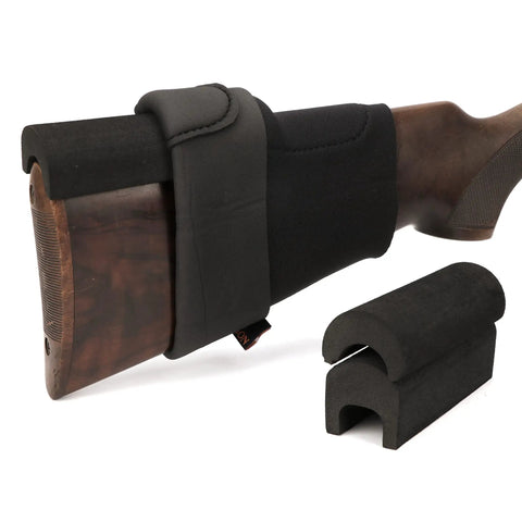 Neoprene Comb Raising Sleeve Slip-On Cheek Rest Kit With Three EVA Foam Inserts shown on rifle stock, easy on off design.