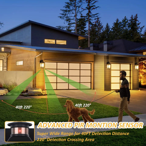 Smart Motion Sensor Outdoor Wall Light Dusk To Dawn LED Waterproof Exterior Fixture illuminating a garage.