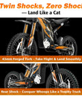 G300 Pro Electric Dirt Bike for Adults with dual shocks and rear shock, black and orange color scheme.