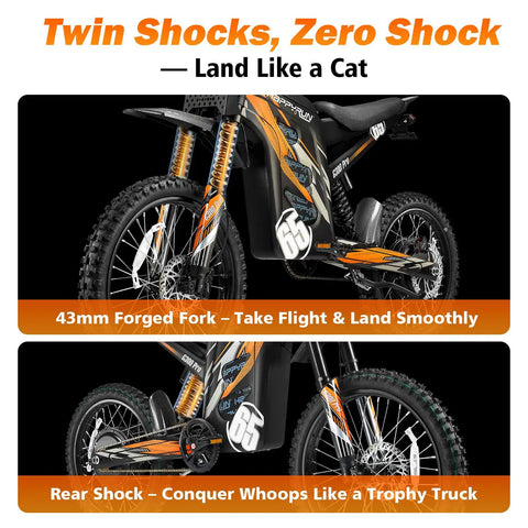 G300 Pro Electric Dirt Bike for Adults with dual shocks and rear shock, black and orange color scheme.