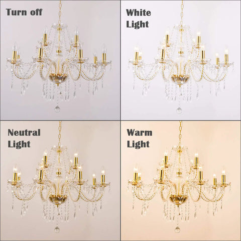 K9 Crystal Candle Chandelier 12 Light Pendant Ceiling Fixture with different light settings: off, white, neutral, warm.