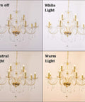 Crystal Gold Candle Chandelier Pendant Light Fixture With 12 Lights showing light variations: off, white, neutral, and warm.