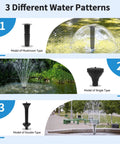 Heavy Duty 1320 GPH Pond Fountain Pump Kit For Outdoors, 100W With 3 Nozzle Options And Adjustable Flow, IPX8 Waterproof Outdoor Pond Equipment In Black showing 3 different water patterns.