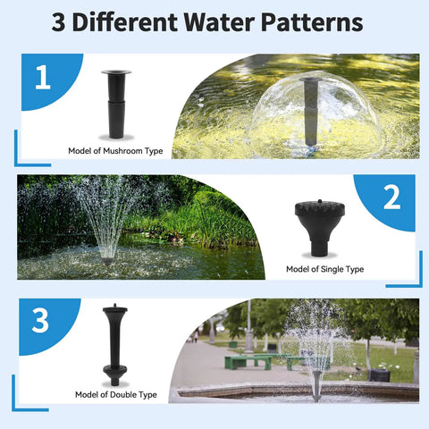 Heavy Duty 1320 GPH Pond Fountain Pump Kit For Outdoors, 100W With 3 Nozzle Options And Adjustable Flow, IPX8 Waterproof Outdoor Pond Equipment In Black showing 3 different water patterns.