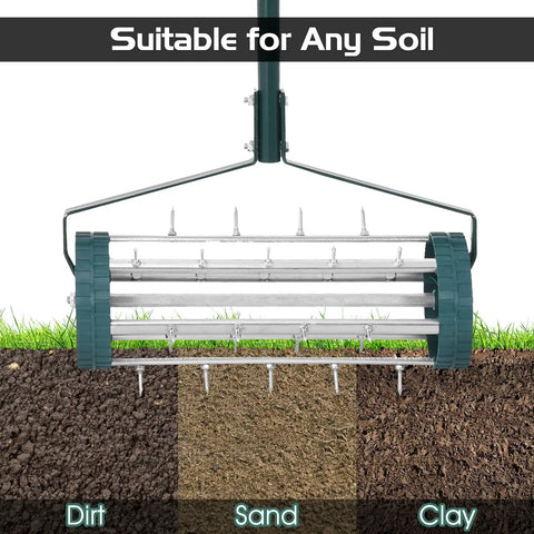 Rolling Lawn Aerator 18 Inch Rotary Push Tine Spike Soil Aerator With 3 Piece Long Steel Handle shown on dirt, sand, and clay
