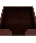 Premium Bonded Leather Desktop Letter Tray Organizer For Your Desk With Luxury Letter Holder And Paper Organizer For Office And Executive Desk Decor In Dark Brown, top view showing velveteen base.