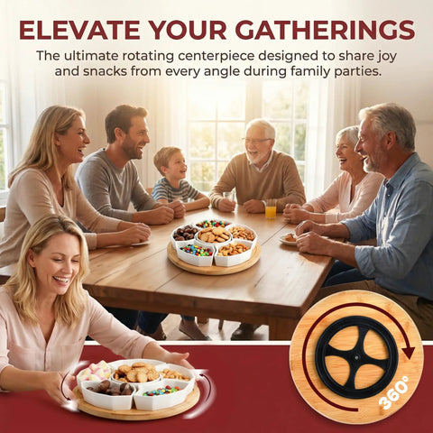 Family gathering with 11 Inch Porcelain Lazy Susan Serving Tray Set With 360 Degree Rotating Base And Removable Divided Dishes