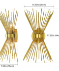 Brass Mid Century Modern Wall Sconces Set Of 2, Brushed Brass Starburst Wall Lighting with dimensions for Bathroom, Bedroom, Living Room