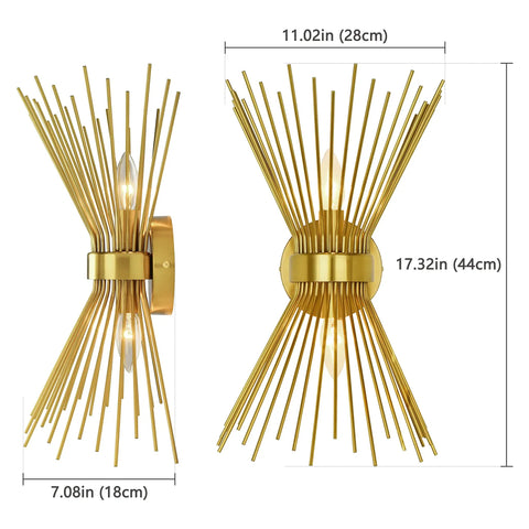Brass Mid Century Modern Wall Sconces Set Of 2, Brushed Brass Starburst Wall Lighting with dimensions for Bathroom, Bedroom, Living Room