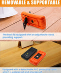 AMT32 Digital Multimeter Tester Portable Meter with orange PVC cover and adjustable stand for electrical jobs.