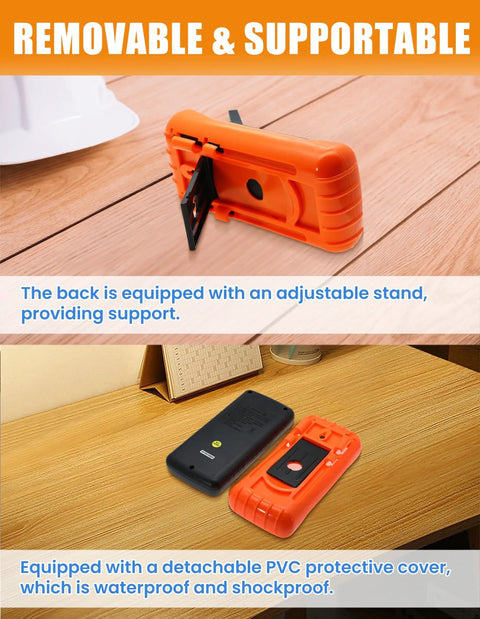 AMT32 Digital Multimeter Tester Portable Meter with orange PVC cover and adjustable stand for electrical jobs.