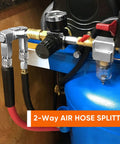 Two Way Air Hose Splitter With Swivel Connector One Quarter Inch NPT For Air Compressors attached to tank