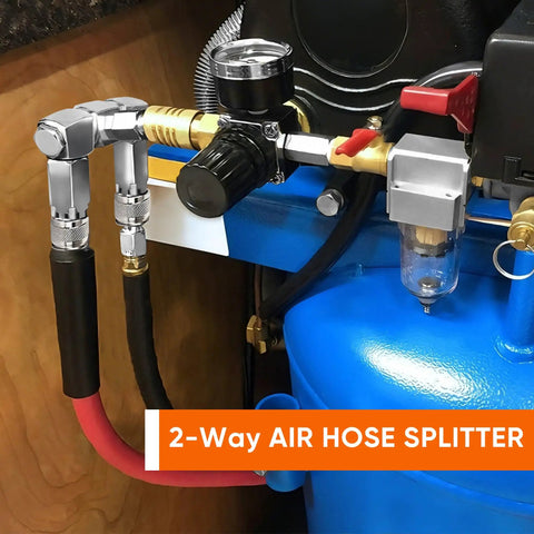 Air Hose Splitter Kit 2 Pack 1 Quarter Inch NPT Swivel 360 Degrees Connectors attached to an air compressor, running two hoses